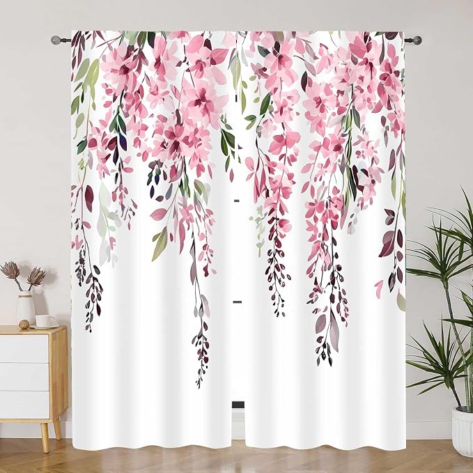 Pink Watercolor Floral Curtains, Botanical Leaves Vine Flowers Curtain, Rustic Farmhouse Flower Leaf Blackout Window Treatment Drapes for Bedroom Living Room 52x72 inch, 2 Panels