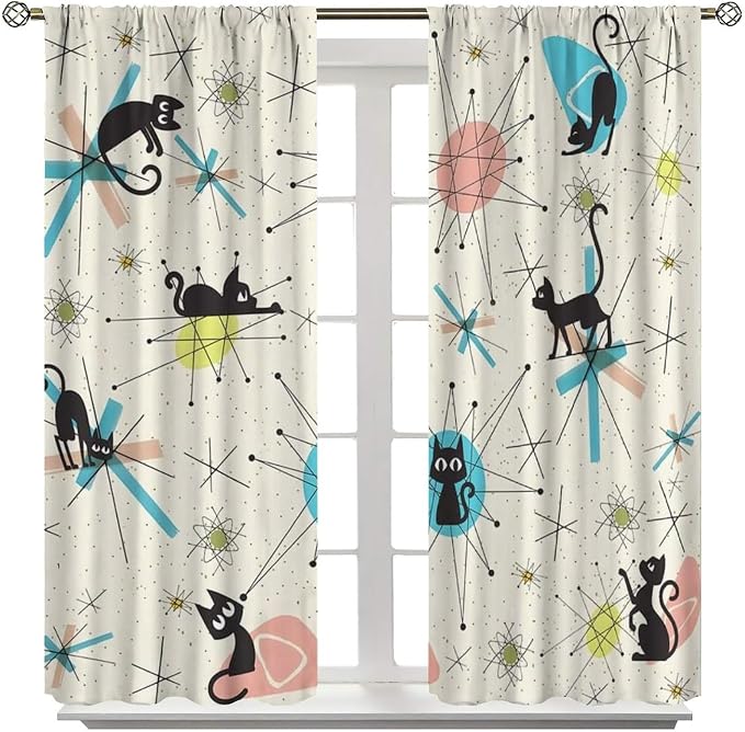 JESTRONRY Mid Century Curtains, Black Cat Atomic Stars Abstract Geometric Vintage Kitty Animal Room Darkening Door Window Rod Pocket Curtain for Living Room Bedroom 42x54in