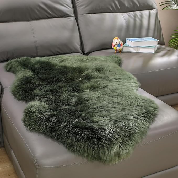 Fluffy Genuine Sheepskin Rug, Soft Green Shaggy Fur Fuzzy Area Rug for Fur Wool Pray Pup Carpet Cushion, Chair Sofa Seat Cover, Bedroom Living Room, Dark Green, 1Pelt