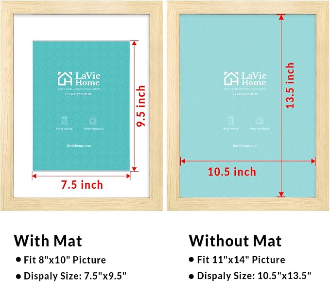 LaVie Home 11x14 Picture Frame Beige Oak Wood Poster Frame, Display Pictures 8x10 with Mat or 11x14 Without Mat, Stable Frame and Polished Plexiglass, Horizontal and Vertical Format of The Walls