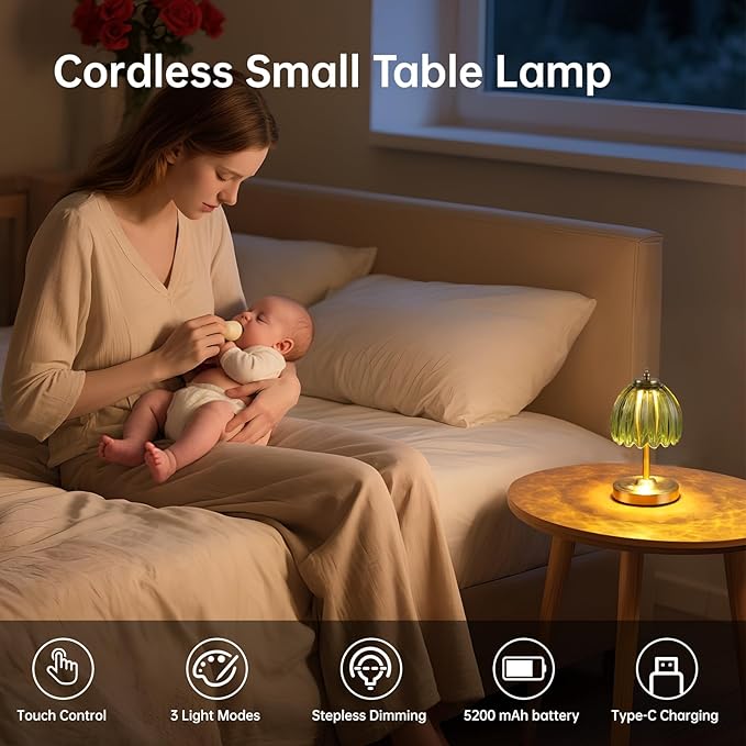 Shenmoyl Tulip Small Table Lamp, 5200mAh Cordless Touch Control Mini Table Lamp with 3 Color Temps & Stepless Dimming, Perfect for Small Spaces Like Dressers, Bedsides, Bookshelves (Green Tulip)