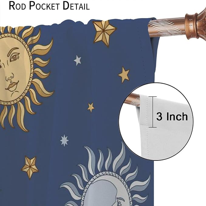Vintage Sun Moon Bohemian Blackout Window Curtains, Retro Boho Style Print Rod Pocket Window Drapes, for Living Room Bedroom 52x84in 2 Panels