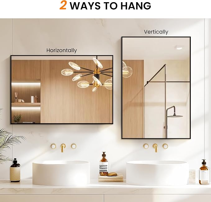 TRAHOME Bathroom Vanity Mirror for Wall, 36" x 24" Metal Framed Rectangular Bathroom Wall Mirror for Over Sink, HD Shatterproof Glass, Hangs Horizontally or Vertically(Black)