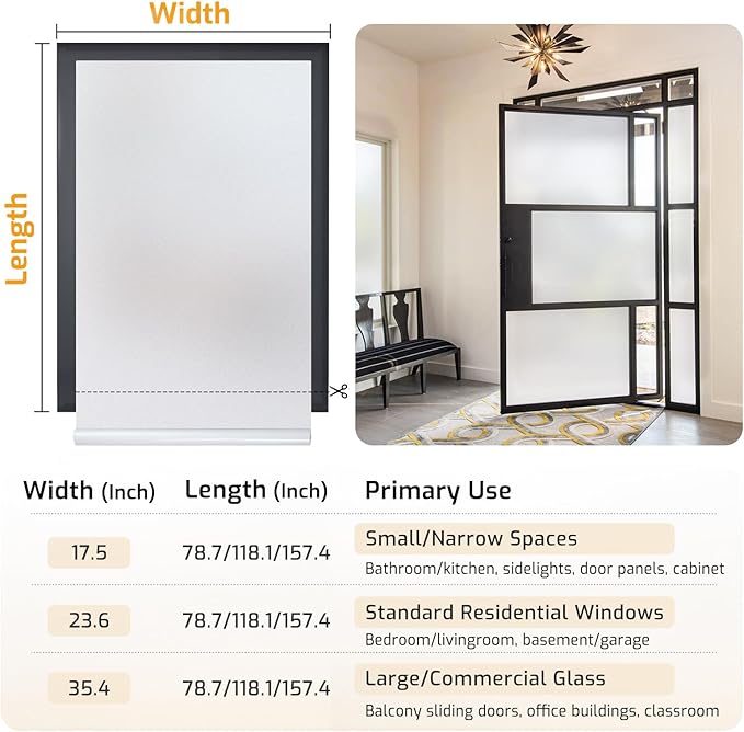 LUTE Window Privacy Film, Frosted Glass Window Film for Bathroom, Static Cling Removable Heat Control Glass Coverings, Non Adhesive Opaque Door Sticker for Home Office (Pure, 35.4" x 118.1")