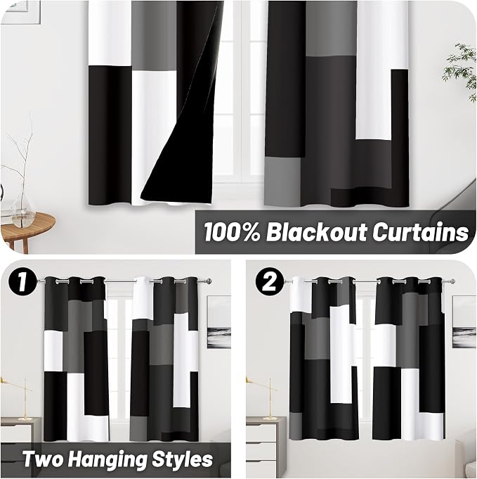 Tyrot Black Grey Short Blackout Curtains 45 inch Length 2 Panels Set White Grey Modern Abstract Geometric Drapes for Kitchen Black Out Curtains Insulated Room Darkening Small Window Curtains, 42Wx45L