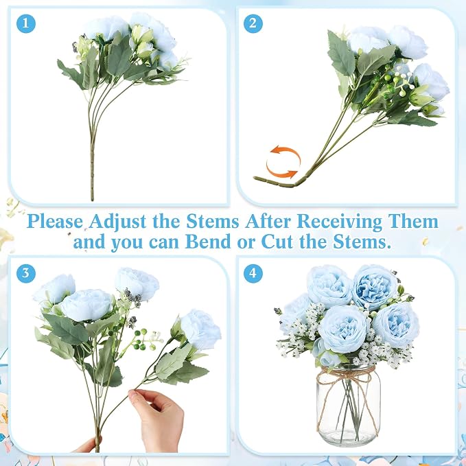 Zeyune 6 Sets Mason Jar Centerpiece Table Decorations, Artificial Peony Baby's Breath Flower Bouquets, Faux Flowers with Vase, Rustic Decor Gifts for Home, Wedding, Holiday (Blue)