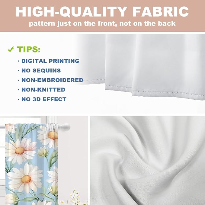 Shrahala Daisies Leaves Blackout Curtain Tiers, White Daisies On Blue Kitchen Valance Light Blocking Tier Drapes with Rod Pocket, 2 Pack 26 X 36 in