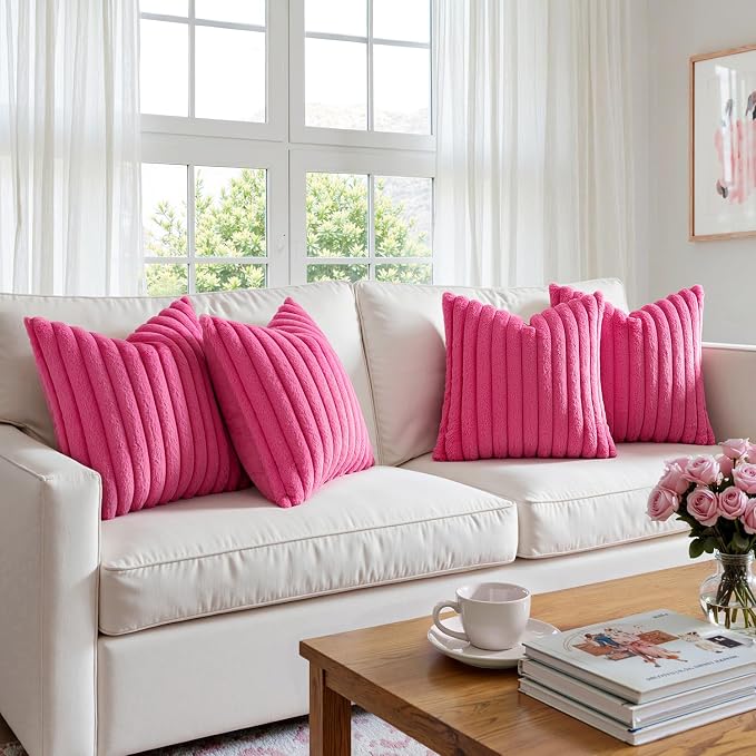 MIULEE Faux Fur Plush Decorative Throw Pillow Covers 18x18 Set of 4, Spring Modern Soft Fuzzy Striped Cushion Covers for Sofa Couch Bed Living Room Cozy Home Decor,Hot Pink