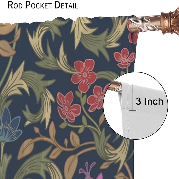 William Morris Flower Blackout Curtains, Retro Botanical Vintage Floral Leaves Window Drapes, for Bedroom Living Room 72" W X 63" L