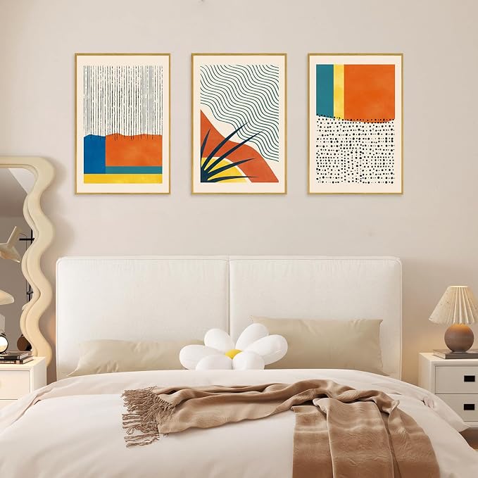 CHDITB Large Framed Boho Canvas Wall Art Set, Mid Century Modern Wall Decor, Bohemian Geometric Line Painting, Colorful Art Print for Living Room, Bedroom, Dinning Room, Office, Bathroom - 16"x24"x3