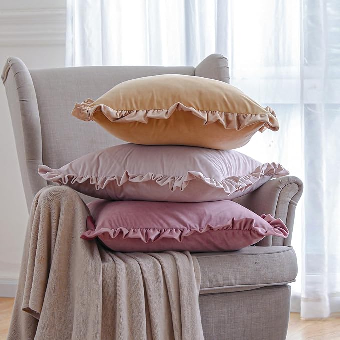 ISAENNE Vintage Dark Peach Square Throw Pillow Covers 22"x22" Set of 2, Solid Color Farmhouse Velvet Decoration Pillow Cover with Ruffles,Throw Pillow Case for Couch Sofa Bed Living Room Car