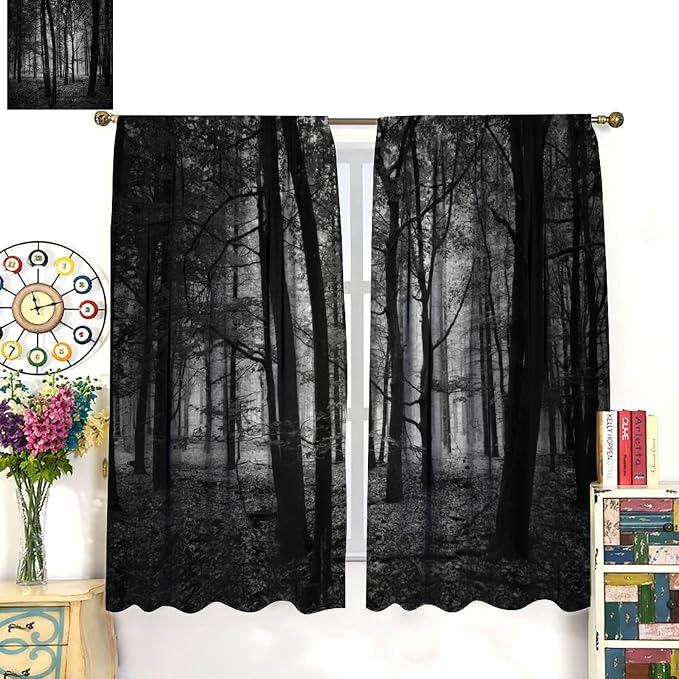 Forest Blackout Curtains,Gothic Natural Scenery Fantasy Dark Black Misty Foggy Mysterious Forest Woodland Tree Art Printed Windows Treatments Rod Pocket Drapes For Living Room Bedroom Kitchen 55x63in