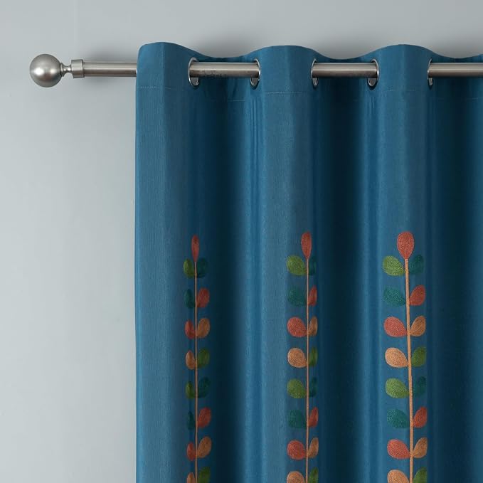 VOGOL Colorful Leaves Embroidered Curtains, Country Style Light Filtering Drapes for Dining Room, Blue View Reducing Privacy Grommet Window Treatments, 52 x 63 Inches, 2 Panels