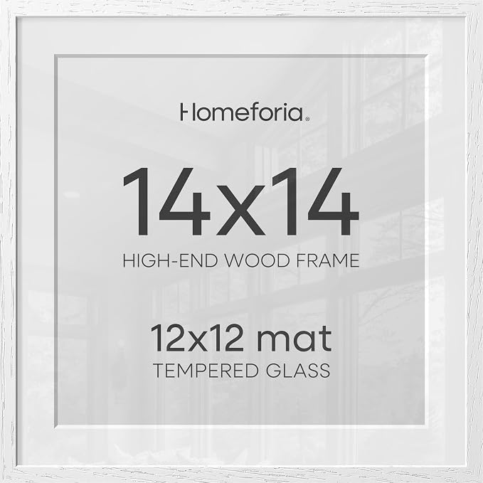 Homeforia 14x14 White Picture Frame, High End Oak 14 x 14 Square Wood Frames with Mat 12 by 12 inches Photo, 14by14 White Wooden Poster Frames Matted to 12x12 Print, Tempered Glass, Wall Kit, Set of 2