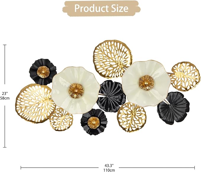 Arborus Modern Floral Metal Wall Art - Elegant Black, Gold, and White Decorative Flower Sculpture for Home & Office Décor (43.3" x 23")