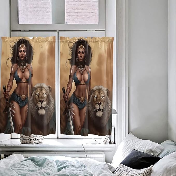 Kitchen Tier Curtains 45 inches Length, Valkyrie on The Prairie Llion and Warrior Woman Window Curtains for Living Room Bathroom,Rod Pocket Light Filter Drapes Half Window Treatment Tiers 2 Panels