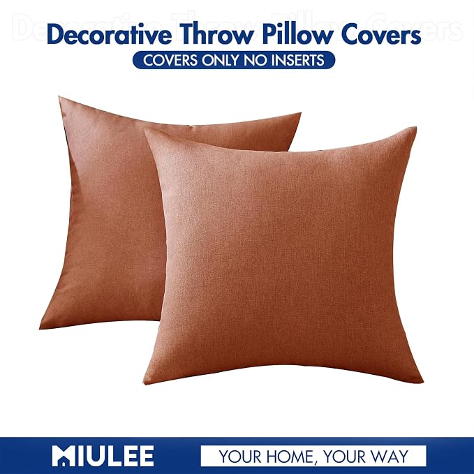 MIULEE Pack of 2 Decorative Outdoor Solid Waterproof Throw Pillow Covers Faux Linen Garden Farmhouse Cushion Cases for Summer Patio Tent Balcony Couch Sofa 12x12 Inch Rust