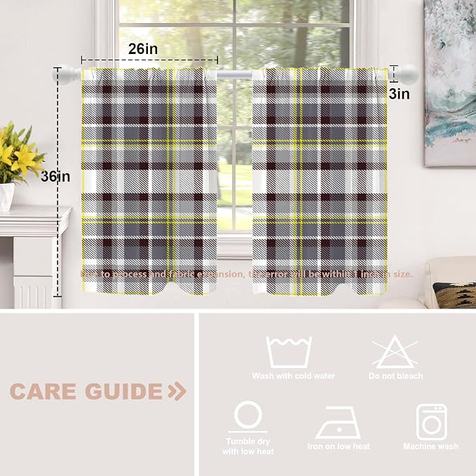 Shrahala Grunge Vintage Art Plaid Blackout Curtain Tiers, Tartan Grey Kitchen Valance Light Blocking Tier Drapes with Rod Pocket, 2 Pack 26 X 36 in