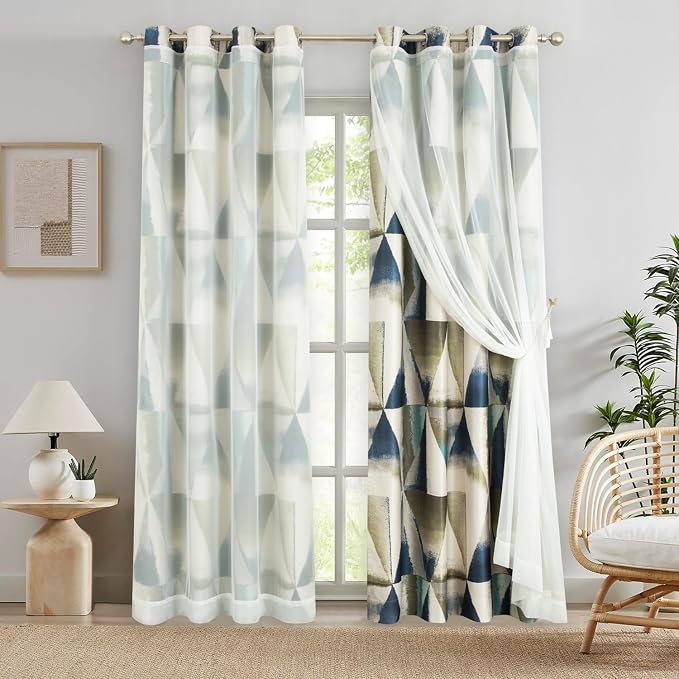 Leeva Grommet Double Layered Curtains and Solid Sheer, Modern Geometric Printing Privacy Window Treatment Curtain Panels for Bedroom Living Room, Blue, Set of 2, 52 x 84 Inches