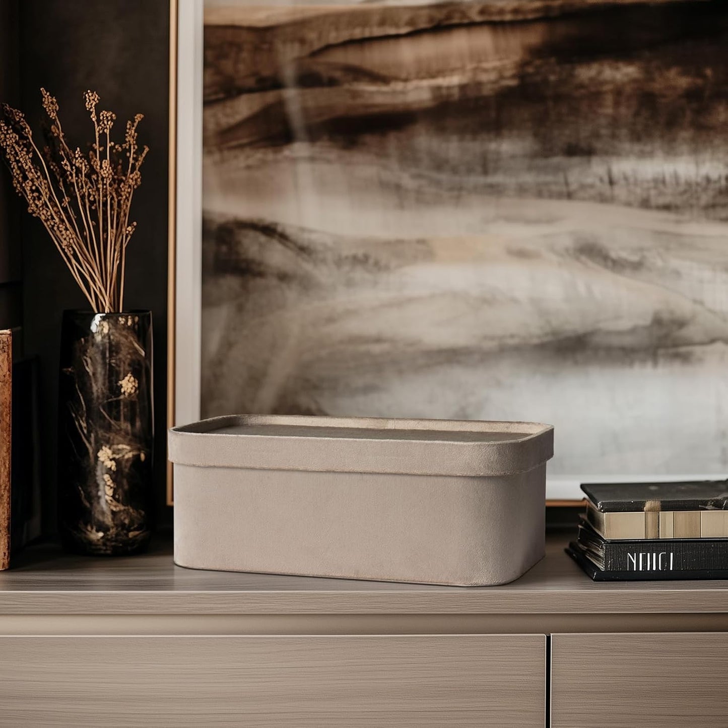 La Jolie Maison Velvet Storage Baskets with Lids, Sturdy Stackable Cardboard Boxes with Decorative Trays, Organizer Bins for Bathroom Bedroom Organizing, Taupe, Set of 3