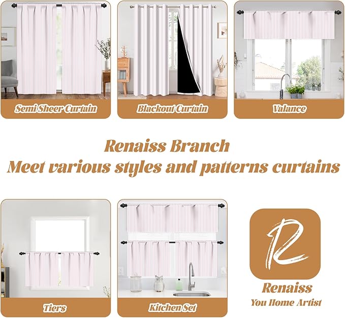 Renaiss 42 x 54 Inch Pink Striped Kitchen Curtains Heavy Linen Cafe Curtain Modern Farmhouse Window Treatment Tiers for Living Room Bathroom RV Camper Small Window Light Filtering Rod Pocket 2 Panels