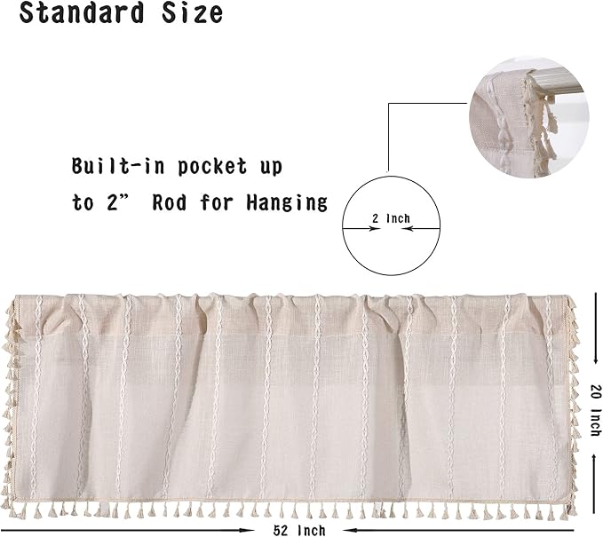 RoomTalks Boho Kitchen Valances for Windows Embroidered French Striped Farmhouse Vintage Chic Textured Tassel Curtain Valances for Bathroom Living Room Bohemian Decor (18’’L x 52’’W, Beige)