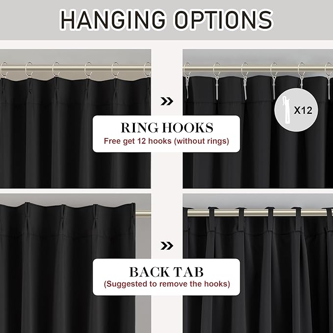 DONREN Black Pinch Pleated Blackout Curtains with Hooks - 132 inches Extra Long Room Darkening Thermal Insulated Window Curtain Panels for High Ceiling Living Room 2 Panel 40" Wx132 L