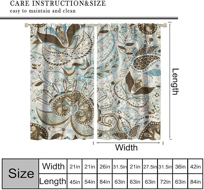 Boho Curtains, Peris Flower Print Pattern Home Window Treatments, Bedroom Living Room Kitchen Office Blackout Curtains55X63 Inch