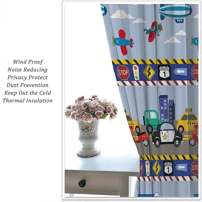 Cartoon Cars Curtain,Kids Boys Aircraft Vehicles Road Clouds Print Window Treatment Curtains for Kitchen Bedroom Cafe Dining Room Office Living Room Drapes, 84x84 in