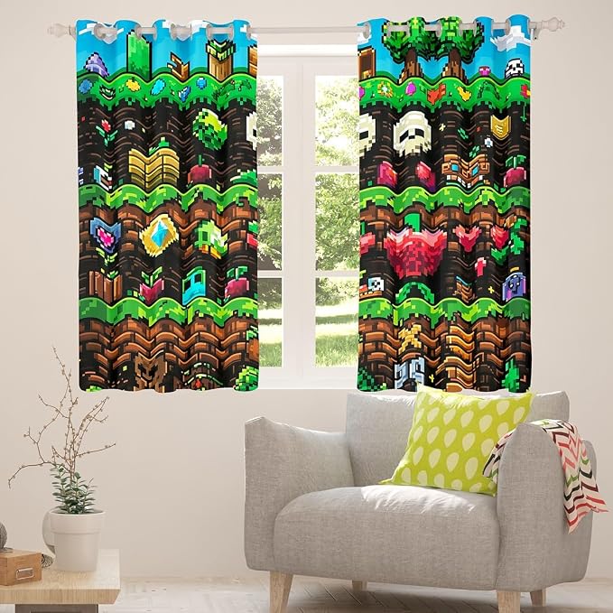 Castle Fairy Video Games Window Curtain,Colorful Pixelated Themed Living Room Decor Curtains for Kids Boys Teens,Sandbox Block Window Treatment Funny Gamer Blackout Drapes 2 Panels,42Wx90L