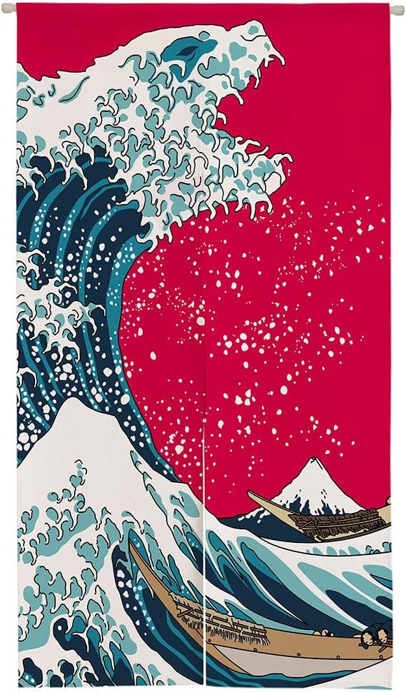 Ofat Home Great Wave Monster Noren Curtain 33.5" x 59" Japanese Style | Red ukiyo-e ocean wave with monster design, Japanese art fabric hanging curtain for doorway or home decor