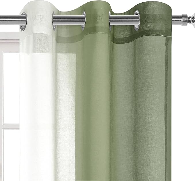 DWCN Ombre Short Sheer Curtains - Faux Linen Semi Voile Gradient Light-Filtering Bedroom and Living Room Curtains, Set of 2 Grommet Top Window Drape Panels, 42 x 45 Inch Length, Light Olive Green