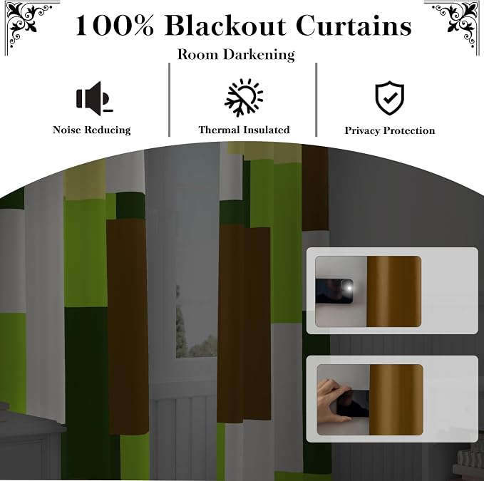 Tyrot Avocado Green 100% Blackout Curtains for Bedroom 63 inch Long 2 Panels Set White Modern Abstract Geometric Black Out Curtains Insulated Room Darkening Window Drapes for Living Room, 52Wx63L