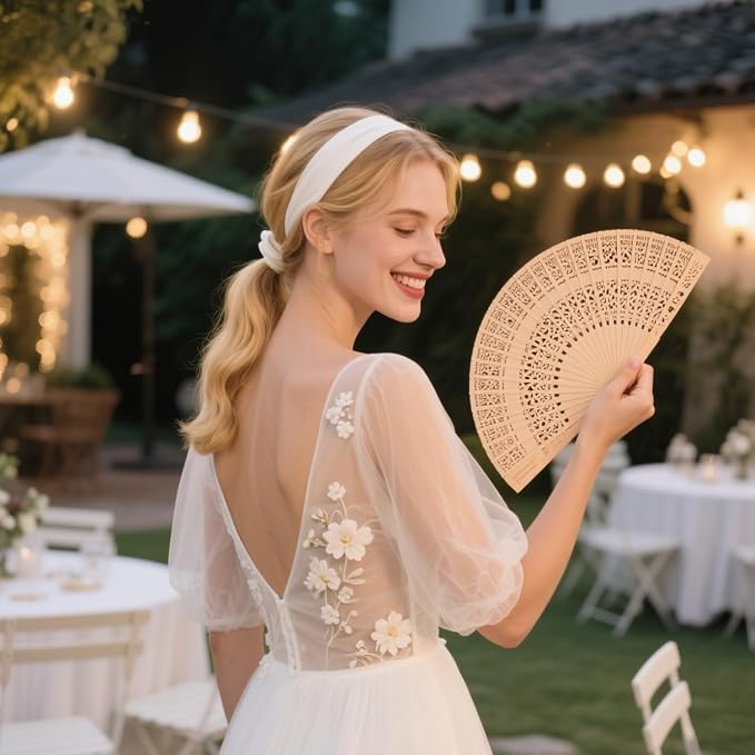 Wobe 60Pcs Sandalwood Fans Wedding Favors Hand Held Folding Fans Openwork | 8 Inch Wooden Personal Handheld Folding Fans for Wedding Party, Home Decorations, Baby Shower, Birthday
