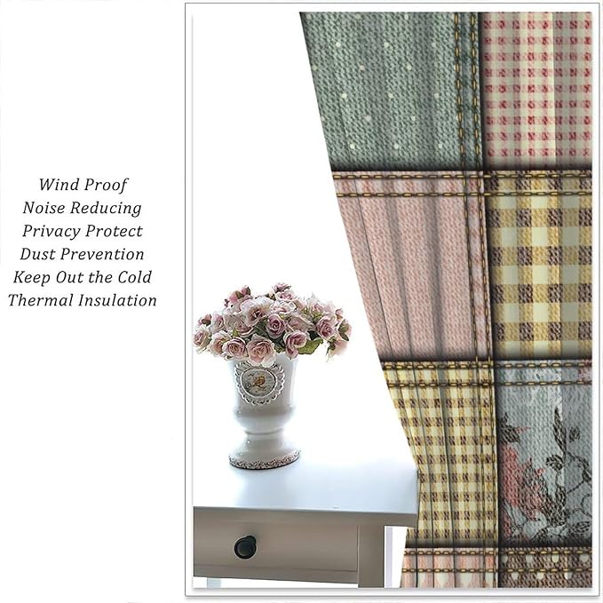 Boho Floral Patchwork Blackout Curtains Flower Boho Checkered Polka Dots Patchworkt Window Drapes for Bedroom Living Room Kitchen Cafe （W26xL84 Inch） x2 Panels