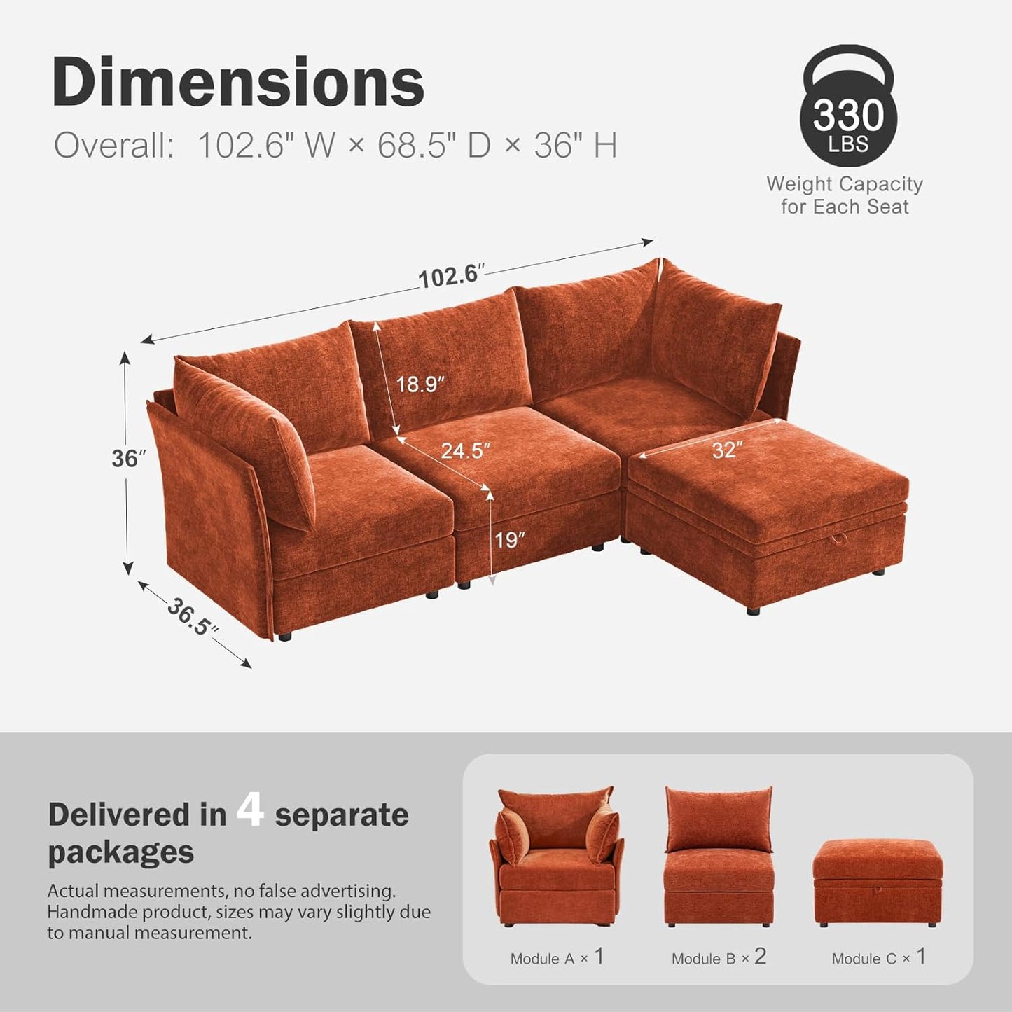 102.6" Modular Sectional Sofa, L Shaped Couch Set for Living Room, 3-Seater Comfy Cloud Couches with Movable Storage Ottoman,DIY Combination - Chenille Terracotta Orange