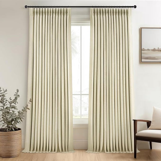 105 Inches Long Black Out Faux Double Layer Thick Linen Drapery Panels, Pinch Pleated Heat Reflective Natural Linen Curtains with Pin Hooks,Luxury Lined Back Tab Drapes 2 Panels for Living Room