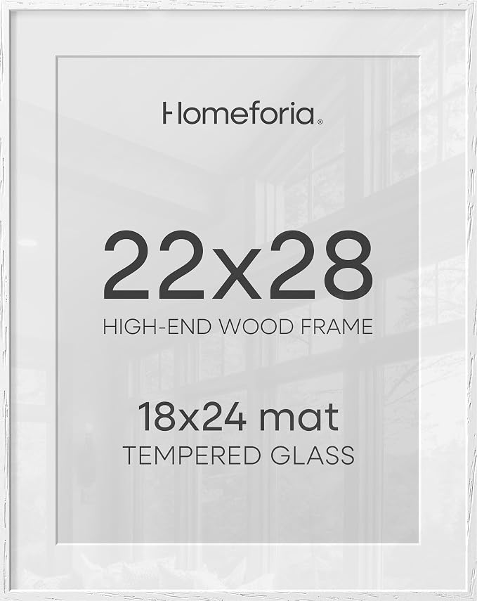 Homeforia 22x28 Poster Frame White, High End Oak 22 x 28 Wood Picture Frame with Mat 18 by 24 for Photo, 22x28 Large Wooden Frame Matted to 18x24, 28x22 Thin Frames, Tempered Glass, Wall Kit, Set of 3
