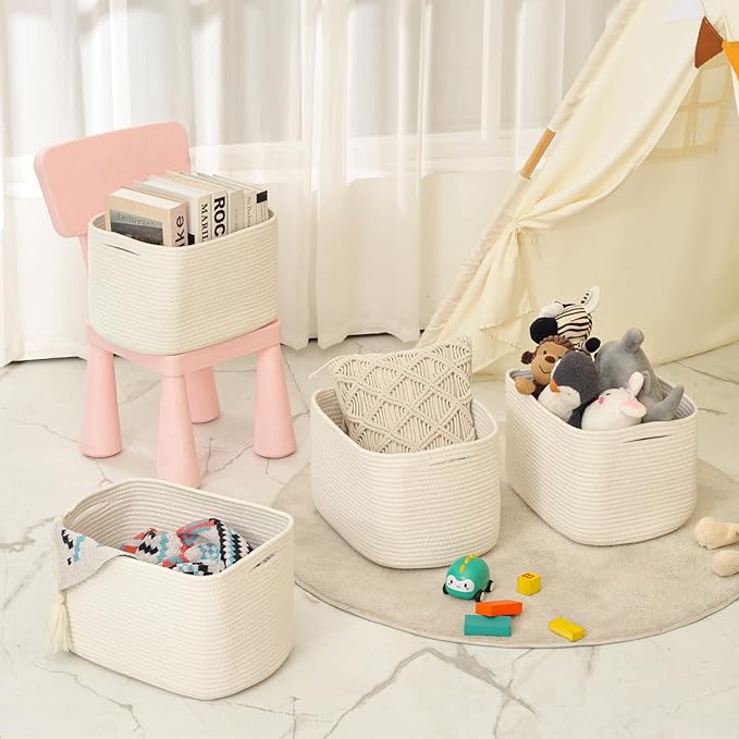 ICERZCZ Storage Baskets for Organizing & Shelves, Woven Cotton Rope Organization Bins for Dog Toys, Clothes, Books, Nursery Organizer, 15" Lx11''Wx9.5''H, (4 Packs) Off White