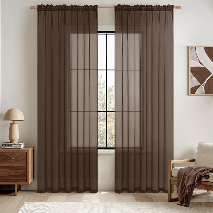 MIULEE Chocolate Brown Sheer Curtains 96 Inches Long 2 Panels, Light Filtering Voile Drapes with Rod Pocket for Bedroom and Living Room Windows