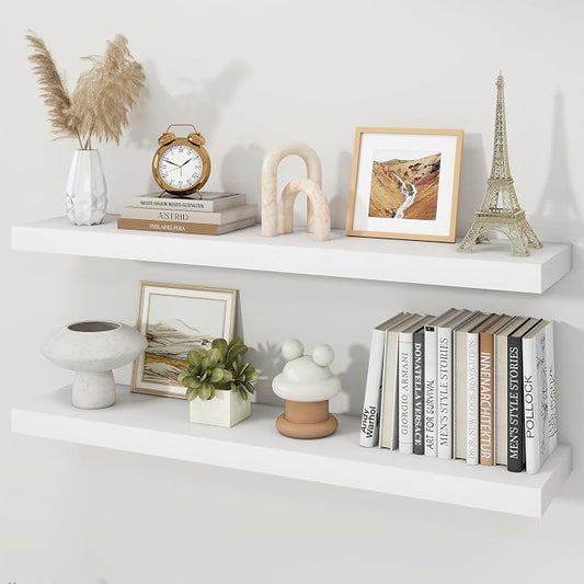 Floating Shelves for Wall, 9.3" Deep Wall Mounted Wood Shelves for Bathroom, Bedroom, Living Room, Kitchen, Hanging Shelf for Books/Storage/Room Decor (White 40")