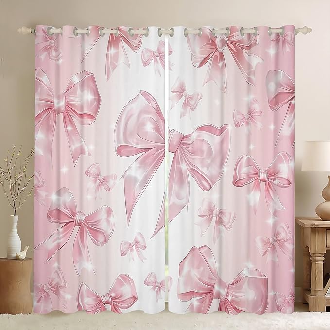 Erosebridal Bowknot Kids Curtain 52" Wx63 L,Pink Kawaii Bow Window Curtain for Girls Princess Room Decor,Cute Bow Print Window Treatments Girly Bow 30%-50% Blackout Curtains for Bedroom