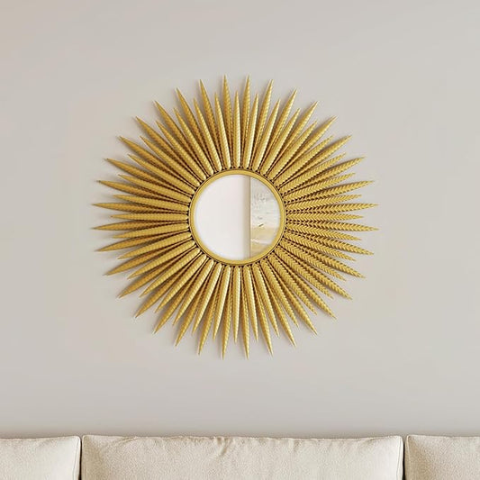 Gold Sunburst Decorative Wall Mirror - 30" Large Round Sun Mirror for Wall Decor, Hanging Circle Leaf Mirrors for Living Room Bathroom Bedroom Entryway Hallway Fireplace Art Deco