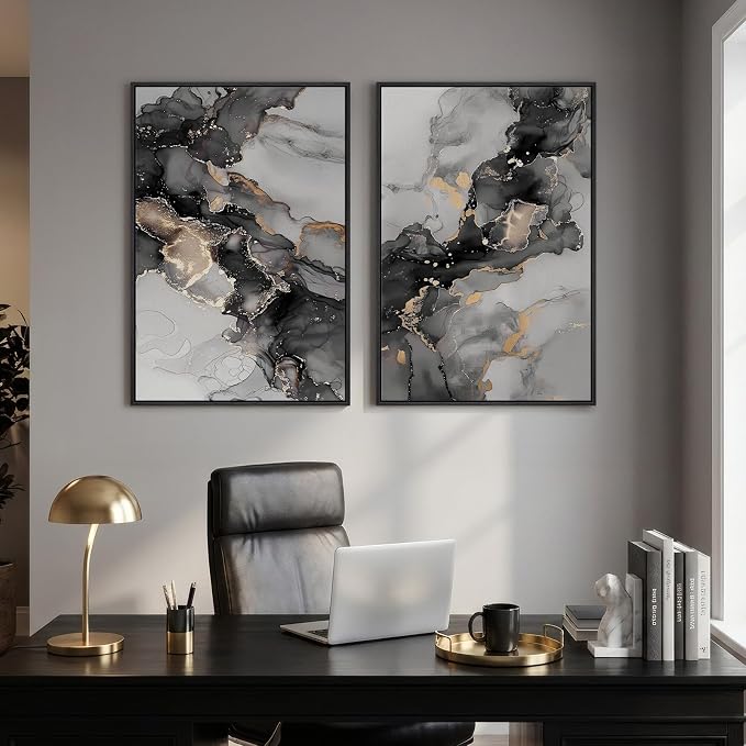 Framed Abstract Black and Gold Wall Art for Living Room, Set of 2 Large Modern Canvas Paintings Prints, Contemporary Marble Motifs Picture Artwork for Bedroom Office Hallway Wall Decor, 24x36 Inch
