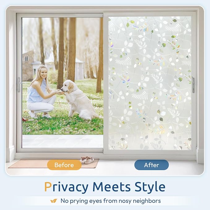 rabbitgoo Window Privacy Film, Frosted Glass Window Film, 23.6" x 157.4" | 3D Autumn Leaf, Stained Glass Removable Decorative Privacy Sticker, Non Adhesive UV Blocking Front Door Covering for Home