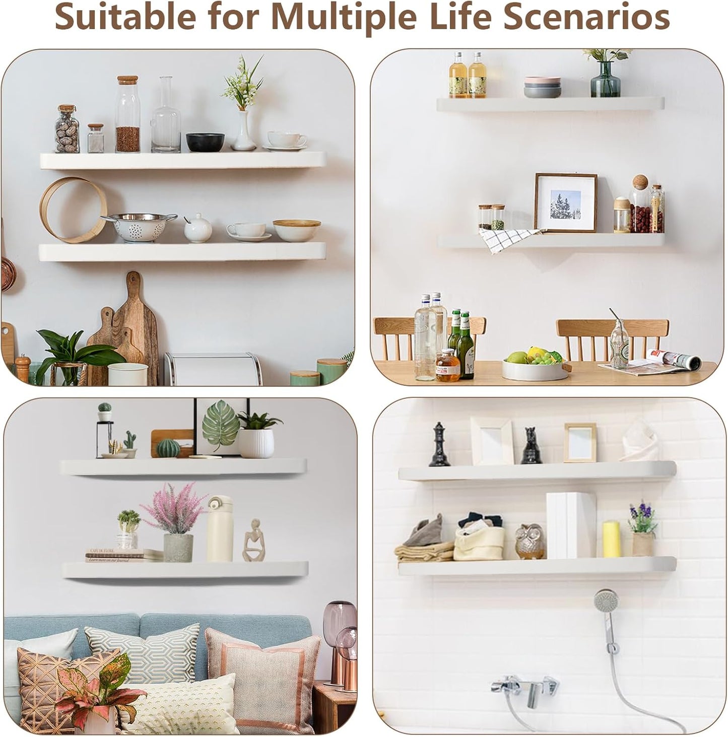 Solid Wood Floating Shelves Set of 2 - Natural, Warp & Crack Resistant 35.43 Inch Wall Shelf with Invisible Brackets Thicker, More Durable for Bathroom, Bedroom, Kitchen, Living Room (White, 35.43)