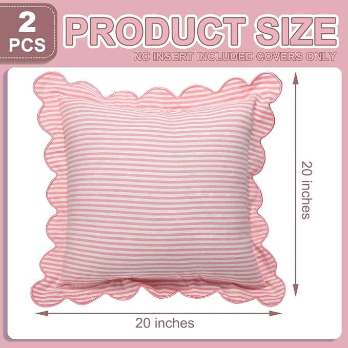 Newwiee 2 Pack Scalloped Pillow Cover 18 x 18 Inch Stripe Throw Pillow Cover Cotton Decorative Pillowcase for Women Men Couch Living Room Cushion Indoor Outdoor Decoration(Pink, Scalloped)