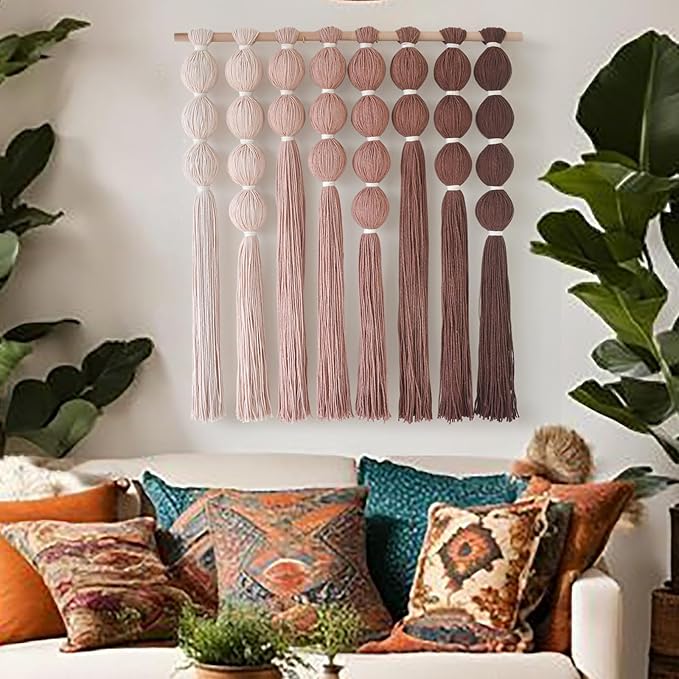 IOWER Macrame Wall Hanging Yarn Wall Art Boho Wall Decor Tassel Wall Decor for Bohemian Home Living Room Bedroom Backdrop 27" W x 39" L
