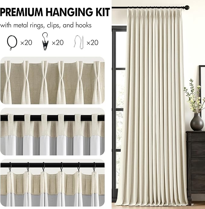 MIULEE Cream Pinch Pleated 100% Blackout Linen Curtains for Bedroom, Room Darkening Memory Trained Light Blocking Window Curtains 96 inches Long for Living Room, Black Out Pleat Drapes, 2 Panels