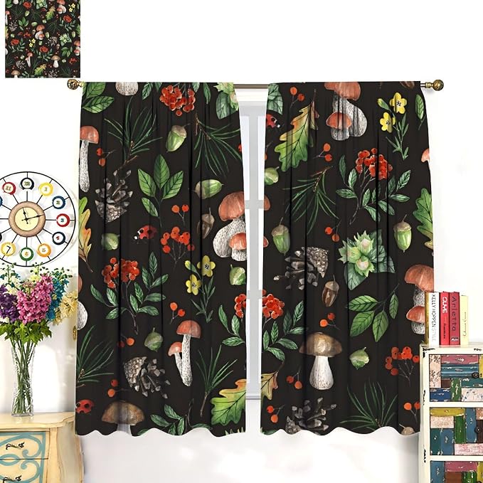 Farm Watercolor Mushroom Curtains, Rustic Forest Wild Mushroom Red Berris Plants Flowers Leaves Blackout Window Drapes for Kitchen Bedroom Livingroom, 55" W X 63" L